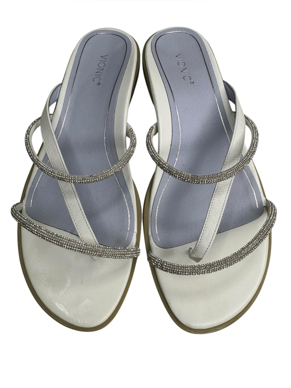 Vionic Prism White Leather Rhinestone Strappy Thong Sandals. Size 11
